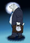  2010 anthro belly black_nose bottomwear clothing fur headphones humanoid_hands jin_(artist) kemono listening_to_music male mammal necktie night overweight overweight_male pants polar_bear shirt solo suit topwear ursid ursine white_body white_fur 