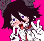  &lt;3 &lt;3_eyes ahegao black_hair black_nails blush bodily_fluids clothing collar collared_shirt colored_nails cropped deep_sea_prisoner demon demon_humanoid edit funamusea gesture hair horn horned_humanoid humanoid leash looking_pleasured male nails not_furry open_mouth pink_background purple_eyes purple_horn satanick shirt simple_background solo sweat tears tongue tongue_out topwear v_sign white_body white_clothing white_shirt white_skin white_topwear 