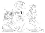  2021 anthro clothing crossover crown dbaru dialogue domestic_cat duo el_arca felid feline felis female hi_res lion mammal mantle monochrome pantherine pictographics queen_oriana shima_luan simple_background sitting smile suit super_planet_dolan 