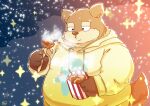  2016 anthro belly big_belly blush brown_body brown_fur canid canine canis clothing domestic_dog food fur hoodie kemono male mammal natamaru_a night overweight overweight_male solo topwear 