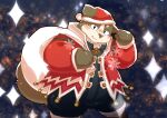  2016 anthro belly big_belly bottomwear brown_body brown_fur canid canine canis christmas christmas_clothing christmas_headwear clothing cute_fangs domestic_dog fur hat headgear headwear holidays kemono male mammal natamaru_a overweight overweight_male pants santa_hat solo 