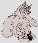  2021 anthro arcanine bottomwear bulge clothed clothing digital_media_(artwork) fur grumpy_griffin_creations hair hi_res looking_at_viewer male mammal muscular muscular_male nintendo nipples pecs pok&eacute;mon pok&eacute;mon_(species) simple_background smile solo standing topless underwear video_games 