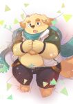  2017 anthro belly big_belly blush bottomwear canid canine canis clothing cu_sith_(tas) domestic_dog hoodie humanoid_hands kemono male mammal natamaru_a overweight overweight_male pants scarf solo tokyo_afterschool_summoners topwear video_games 