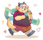  2018 anthro belly big_belly bottomwear brown_body brown_fur canid canine canis clothing cu_sith_(tas) domestic_dog fur hi_res humanoid_hands kemono male mammal natamaru_a overweight overweight_male parfait_(dessert) scarf shirt shorts solo tokyo_afterschool_summoners tongue tongue_out topwear video_games 