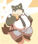  2016 anthro belly big_belly blush bottomwear brown_body brown_fur burger canid canine canis clothing domestic_dog eating food fur kemono male mammal natamaru_a necktie overweight overweight_male shirt shorts solo suspenders topwear 