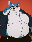  2021 absurd_res anthro belly black_nose blue_body bottomwear canid canine canis clothing cute_fangs hat headgear headwear hi_res humanoid_hands kemono male mammal navel overweight overweight_male pants simple_background solo uokkom white_body wolf 