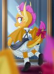  blue_eyes blush bow clothing dragon fangs first_person_view footwear friendship_is_magic frilly frilly_panties hi_res maid_headdress maid_uniform mirror my_little_pony ribbons shoes smolder_(mlp) tail_bow tail_ribbon uniform uotapo 