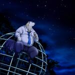  1:1 2010 anthro belly black_nose bottomwear bulge clothing detailed_background fur headphones hi_res humanoid_hands jin_(artist) kemono listening_to_music male mammal necktie night outside overweight overweight_male pants polar_bear shirt sitting solo suit topwear ursid ursine white_body white_fur 