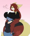  &lt;3 anthro big_breasts blush boob_hat bottomwear breasts canid canine cheek_tuft chest_tuft clothing covering covering_face dart_(dewwydarts) delphox dewwydarts dialogue duo facial_tuft female fluffy fluffy_tail hair hi_res hotpants larger_female long_hair looking_down lucario maddie_(dewwydarts) male male/female mammal neck_tuft nintendo pok&eacute;mon pok&eacute;mon_(species) shorts size_difference smile text thick_thighs tuft video_games 