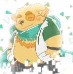  2017 anthro belly big_belly blush bottomwear canid canine canis clothing cu_sith_(tas) domestic_dog eyes_closed hoodie humanoid_hands kemono male mammal natamaru_a overweight overweight_male pants scarf solo tokyo_afterschool_summoners topwear video_games 