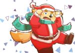  2017 anthro belly big_belly blue_eyes bottomwear brown_body brown_fur canid canine canis christmas christmas_clothing christmas_headwear clothing costume cu_sith_(tas) domestic_dog fur hat headgear headwear holidays kemono male mammal natamaru_a overweight overweight_male pants santa_claus santa_costume santa_hat scarf solo tokyo_afterschool_summoners video_games 