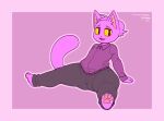  2021 anthro barefoot biped black_bottomwear black_clothing black_pants bottomwear clothing domestic_cat feet felid feline felis frumples frumples_(character) hair inner_ear_fluff male mammal open_mouth pants pawpads pink_pawpads ponytail pupils purple_body purple_hair purple_inner_ear_fluff sitting slit_pupils solo teeth thick_thighs tongue tuft wide_hips 