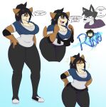  absurd_res anthro black_hair breasts canid canine canis clothing curvy_figure dew_(dewwydarts) dewwydarts duo female hair hi_res hourglass_figure invalid_tag leggings legwear lutrine male male/female mammal mustelid rino_(dewwydarts) smile thick_thighs wide_hips wolf 