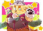  2017 anthro belly big_belly blush bottomwear candy canid canine canis clothing cu_sith_(tas) dessert domestic_dog food halloween holidays hoodie humanoid_hands kemono male mammal natamaru_a overweight overweight_male pants scarf shirt solo tokyo_afterschool_summoners tongue tongue_out topwear video_games 