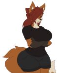  anthro arms_under_breasts big_breasts bottomwear breasts bubble_butt butt canid canine clothing curvy_figure dewwydarts female fox hair hair_over_eye hourglass_figure invalid_tag maddie_(dewwydarts) mammal one_eye_obstructed red_hair shorts solo thick_thighs wide_hips yellow_eyes 