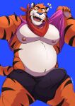  2021 absurd_res anthro balls_outline blue_background blue_nose blush bulge clothed clothing erection erection_under_clothing felid frosted_flakes genital_outline hi_res kellogg&#039;s male mammal mascot musclegut nipples pantherine penis_outline simple_background solo tiger tony_the_tiger underwear vitashi 