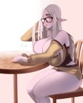  big_breasts bottomwear breast_squish breasts cleavage clothed clothing dskn elf eyewear female furniture glass_cup glasses hi_res huge_breasts humanoid humanoid_pointy_ears miniskirt not_furry panties skirt solo squish table underwear 