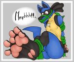  3_toes anthro barefoot bdsm blush bondage bound canid countershade_feet countershading feet foot_fetish foot_focus fully_bound gag hands_behind_back humanoid_feet lucario male mammal muzzle_(object) nintendo nude pawpads plantigrade pok&eacute;mon pok&eacute;mon_(species) restrained restraints rope sebafox soles solo submissive submissive_male toes video_games vines 