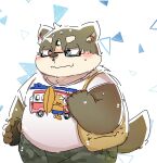  2017 anthro belly big_belly blush bodily_fluids bottomwear brown_body canid canine canis clothing domestic_dog eyewear glasses kemono male mammal natamaru_a overweight overweight_male shirt shorts solo sweat topwear 