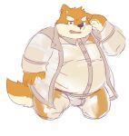 2018 anthro brown_body brown_fur bulge canid canine canis clothing domestic_dog fur humanoid_hands kemono male mammal moobs natamaru_a nipples overweight overweight_male simple_background solo underwear white_background 