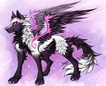  2021 ambiguous_gender black_body black_fur canid canine canis digital_media_(artwork) feathered_wings feathers feral fur hi_res mammal myarukawolf pink_eyes solo white_body white_fur wings wolf 