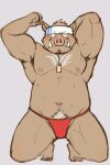  2021 2:3 anthro armpit_hair asian_clothing blush bodily_fluids body_hair brown_body clothing east_asian_clothing fundoshi hi_res humanoid_hands japanese_clothing kemono male mammal navel one_eye_closed red_clothing red_fundoshi red_underwear shiike999 simple_background slightly_chubby solo suid suina sus_(pig) sweat underwear wild_boar wink 