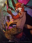  3:4 anthro canid canine canis clothed clothing digital_media_(artwork) fox fox_tail fur graffiti hair hi_res khrone_champion killingtea looking_at_viewer male mammal military red_fox shirt simple_background smile smoking solo t-shirt ti-killa tongue tongue_out topwear uniform 