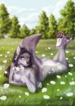  2021 4_toes 5_fingers anthro black_hair black_nose black_pawpads breasts butt canid canine canis casual_nudity claws digital_media_(artwork) feet female field finger_claws fingers flower flower_field fur grey_body grey_fur hair hi_res hindpaw holding_flower holding_object humanoid_hands legs_up long_hair looking_at_viewer lying mammal mrrrn nature nipples nude on_front outside pawpads paws plant smile solo text toe_claws toes tree url wolf 
