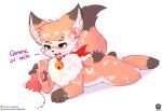  ambiguous_gender anthro balls bell blush bodily_fluids canid canine claws cum cum_on_body cum_on_face fox genital_fluids genitals handjob hi_res lying mammal nia_(senz) paws penile penis scarf senz sex solo text tongue tongue_out url 