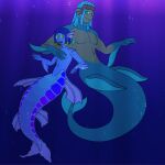  1:1 absurd_res after_transformation deepfriedlasereyes dreadlocks duo froid_frostpocket_(deepfriedlasereyes) hi_res humanoid khatru_(whaddon) male marine merfolk mermaid_tail shark_tail sharp_teeth split_form teeth underwater water 