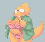  2021 alphys alpi anthro big_breasts blush bra breasts buckteeth camel_toe chubby_anthro chubby_female cleavage clothed clothing deltarune dress_shirt dressing eyewear female front_view glasses lizard looking_at_viewer necktie non-mammal_breasts open_clothing open_mouth open_shirt open_topwear overweight overweight_anthro overweight_female panties partially_clothed portrait reptile scales scalie shirt short_stack simple_background skimpy slightly_chubby solo standing teeth thick_tail thick_thighs three-quarter_portrait topwear undertale underwear undressing video_games yellow_body yellow_scales 