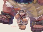  2021 anthro bottomwear chubby_protagonist_(tas) clothing cosplay duo hat headgear headwear hi_res human kemono kimun_kamui_(tas) lagoon_bluebear male mammal overweight overweight_male protagonist_(tas) shirt shorts simple_background size_difference tokyo_afterschool_summoners topwear ursid video_games 