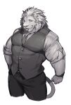  anthro blep clothed clothing facial_hair felid fully_clothed hi_res lion looking_at_viewer male mammal mane muscular necktie pantherine portrait smile solo syukouakanaru three-quarter_portrait tight_clothing tight_vest tongue tongue_out topwear vest 