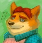  2016 anthro apron brown_nose canid canine clothing disney fox gideon_grey green_background ikaring kemono mammal portrait shirt simple_background solo topwear zootopia 