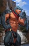  2021 abs anthro bulge chunie claws detailed_background digital_media_(artwork) featureless_chest fish gesture hi_res looking_at_viewer male marine muscular muscular_male outside partially_submerged piranha_(fish) serrasalmid solo standing waterfall waving 