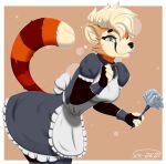  2021 absurd_res ailurid anthro apron blep bow breasts cleaning_tool clothed clothing feather_duster female frilly frilly_clothing fully_clothed fur green_eyes gulonine hair hi_res inner_ear_fluff legwear maid_uniform mammal maple marten multicolored_body multicolored_fur multicolored_tail mustelid musteline one_eye_closed pine_marten raised_tail red_panda solo sovulsen stockings tan_hair tongue tongue_out tuft uniform wink 