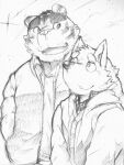  2015 3:4 anthro biped canid canine canis clothing duo felid hi_res kemono kijimaru male mammal monochrome pantherine shirt sweater tiger topwear wolf 
