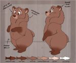  2020 4_toes belly black_eyebrows border brown_bear brown_body brown_eyes brown_fur brown_nose claws english_text eyebrows feet female fluffy freckles fur grizzly_bear head_tuft mammal model_sheet neck_tuft paws prettypinkpony red_border semi-anthro slightly_chubby smile solo standing text toes tuft ursid ursine 