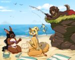  2021 5:4 alex_(toastypoodle) anthro assisted_exposure bandeau beach bikini bikini_bottom bikini_top black_hair blonde_hair blue_eyes breasts brown_body brown_eyes brown_fur brown_hair buckteeth canid canine canis clothed clothing countershading day detailed_background digital_media_(artwork) domestic_dog eyebrows eyelashes female fishing_rod fox fur grace_o&#039;malley green_eyes hair kaitycuddle kneeling lagomorph leporid lying mammal megan_bryar midriff navel on_front outside poodle rabbit sand sand_castle sculpture seaside shoreline sky smile story story_in_description strapless_bikini strapless_clothing strapless_swimwear swimming_trunks swimwear teeth topless topless_female topless_male topwear water yellow_body yellow_fur 