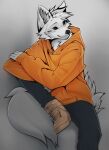  2021 angiewolf anthro black_nose canid canine canis clothing digital_media_(artwork) domestic_dog fur hair hi_res hoodie male mammal orange_hoodie smile solo topwear white_body white_fur white_hair 
