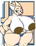  absurd_res aggressive_retsuko anthro big_breasts breasts canid canine clothed clothing female fenneko fox hand_on_hip hi_res huge_breasts hyper hyper_breasts kingretrokirby mammal nipples open_mouth panties sanrio solo thick_thighs topless underwear 