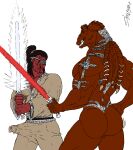  alien bulge butt clothed clothing duo erection erection_under_clothing eye_patch eyewear genital_outline gungan hi_res jar_jar_binks lightsaber male male/male melee_weapon nude penis_outline simple_background sith_(species) skianous star_wars tenting weapon white_background 