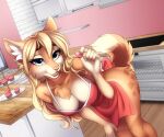  anthro apron apron_only blonde_hair blue_eyes breasts canid canine cheek_tuft cleavage clothed clothing detailed_background facial_tuft female fur hair inner_ear_fluff inside kitchen mammal millkydad mostly_nude open_mouth open_smile smile solo tuft yellow_body yellow_fur 