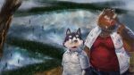  2012 belly black_nose brown_body brown_fur canid canine canis clothing detailed_background domestic_dog fur humanoid_hands kemono kijimaru male male/male mammal outside overweight overweight_male shirt suid suina sus_(pig) topwear wild_boar 