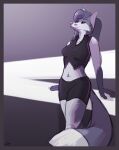  abstract_background anthro belly biped black_bottomwear black_clothing black_topwear border bottomwear bra breasts brown_nose canid canine cheek_tuft clothed clothing digital_media_(artwork) dipstick_tail dreamtanker eyebrows facial_tuft feet female fingers fox front_view fur gloves_(marking) green_clothing grey_(dreamtanker) grey_belly grey_body grey_fur grey_hair hair leaning leaning_back leaning_on_object leg_markings long_hair looking_away mammal markings mature_anthro mature_female multicolored_body multicolored_fur multicolored_tail navel panties pinup portrait pose purple_background purple_border purple_eyes purple_theme seductive shaded signature simple_background sketch skimpy smile socks_(marking) solo standing text three-quarter_portrait topwear tuft two_tone_body two_tone_fur two_tone_tail underwear 