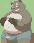  2016 anthro belly blush bodily_fluids bulge clothing fur green_background grey_body grey_fur humanoid_hands kemono male mammal moobs navel overweight overweight_male simple_background solo sweat underwear uokkom 