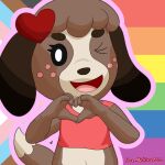  1:1 animal_crossing anthro canid canine canis clothing digby_(animal_crossing) domestic_dog girly hand_sign hi_res lgbt_pride male mammal mooglepom navel nintendo pride_colors progress_pride_colors rainbow_flag rainbow_pride_flag rainbow_symbol solo video_games 