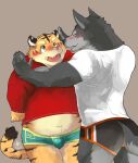  2015 anthro belly blush bulge canid canine canis clothing duo felid fur ginnosuke grey_body grey_fur hi_res humanoid_hands kemono male male/male mammal overweight overweight_male pantherine shirt simple_background tiger topwear underwear wolf 