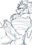  anthro balls belly blush canid canine canis crazy_sll domestic_dog duo erection genitals grin hair hi_res lifewonders long_hair male male/male mammal musclegut nipples oral pecs penis ponytail shino_(housamo) sketch smile tokyo_afterschool_summoners vein veiny_penis video_games 