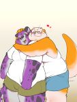  &lt;3 2021 3:4 absurd_res anthro belly blush bottomwear clothing duo eyewear felid feline glasses green_eyes hi_res hug hugging_from_behind humanoid_hands kemono lutrine male male/male mammal mustelid overweight overweight_male purple_body qqmelon888 shirt shorts simple_background topwear 
